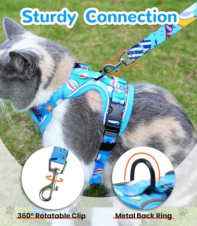 Halypet Cat Harness and Leash Set for Walking, Escape Proof Adjustable Vest Harness with 3-in-1 Integrated Buckles, Easy Control Soft Breathable Mesh with Reflective Strips for Cats, S, Ocean Blue