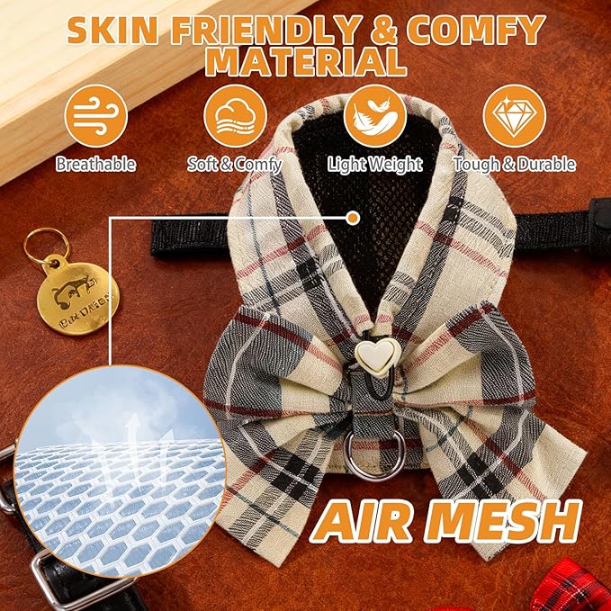KOOLTAIL Small Dog Harness and Leash Set, Cute Puppy Vest Harnesses with Bowtie, Step in No Pull Soft Mesh Padded Adjustable Plaid Pet Harness for Extra-Samll Medium Dogs Cats, Boy Girl, XS S, Beige M