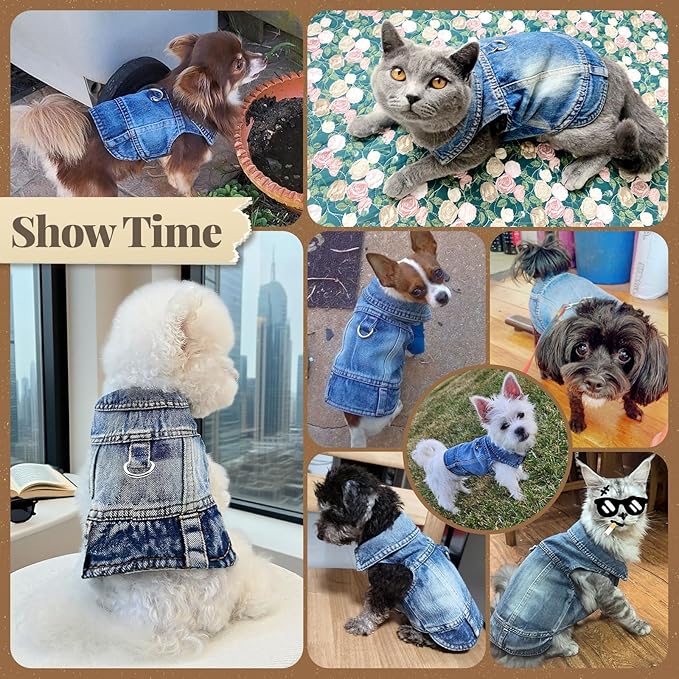 Cool Dog Jean Jacket Vest with D-Ring Blue Denim Dogs Outfits for Small Medium Dogs Cats Boy Male Dog Clothes Costume Dogggie Puppy Harness Coat for Frenchie Walking(Blue with D-Ring,XL)