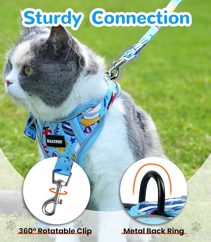 Halypet Cat Harness and Leash Set for Walking, Escape Proof Adjustable Vest Harness with 3-in-1 Integrated Buckles, Easy Control Soft Breathable Mesh with Reflective Strips for Cats, XS, Azure Blue