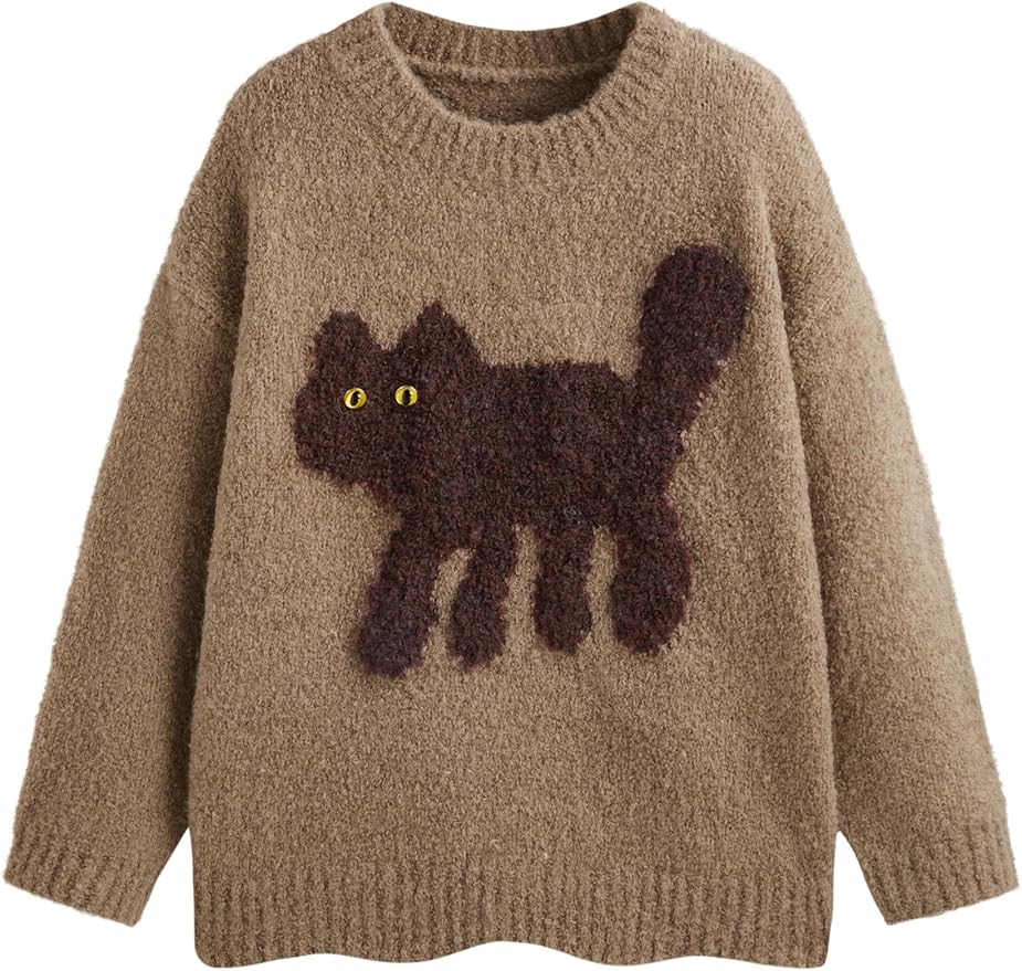 CIDER Women’s Cat Sweater Long Sleeve Crew Neck Fun Graphic Cute Patterned Chunky Pullover Sweater Tops