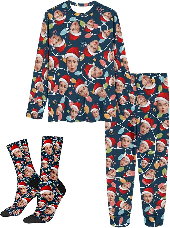 Artsadd Personalized Pajamas with Faces for Women Men Custom Christmas Pajamas Gifts for Family Couple, Funny Photo Pjs