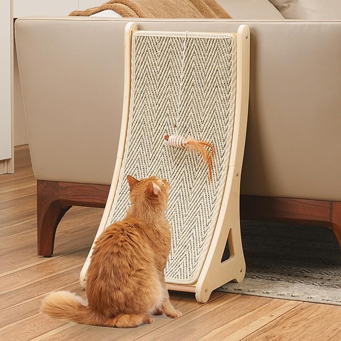 PETKARAY Curved Cat Scratcher, Sisal Kitty Scratching Ramp, L Shape Scratch Pad for Indoor Cats, 25.6" Furniture Protector with Mouse Toy, Chevron Style