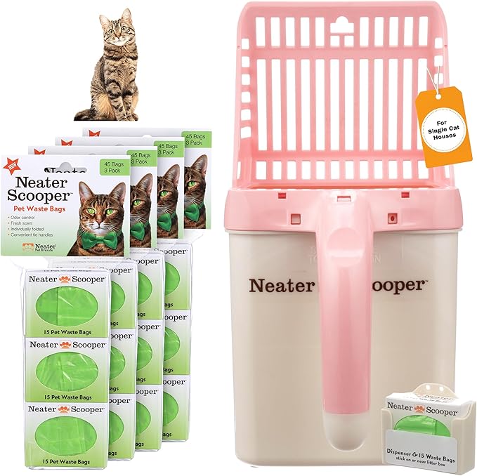 Neater Pet Brands Neater Scooper Standard Cat Litter Scoop, 195 Refill Bags – Mess-Free Cat Litter Scooper with Bag, Spill-Proof Kitty Box Sifter, Bin Doubles as Scoop Holder, For Single-Cat Household