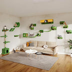 Cat Wall Shelves, Wall Mounted Pet Shelf Furniture w/Plush Fabric(20 Piece Set), 63''H Cat Tower w/Scratching Posts, Cats Furniture with 40''L Tunnel, Condos, House, Steps and Ladder, Green
