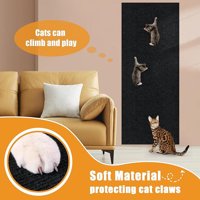 cat Scratching mat Self-Adhesive, Trimmable Furniture Protector for Couch, Sofa, Wall & Cat Trees - Durable Scratch Pad with Nano Tape, DIY Climbing Carpet for Indoor Cats (Black, 39.3"x15.8")