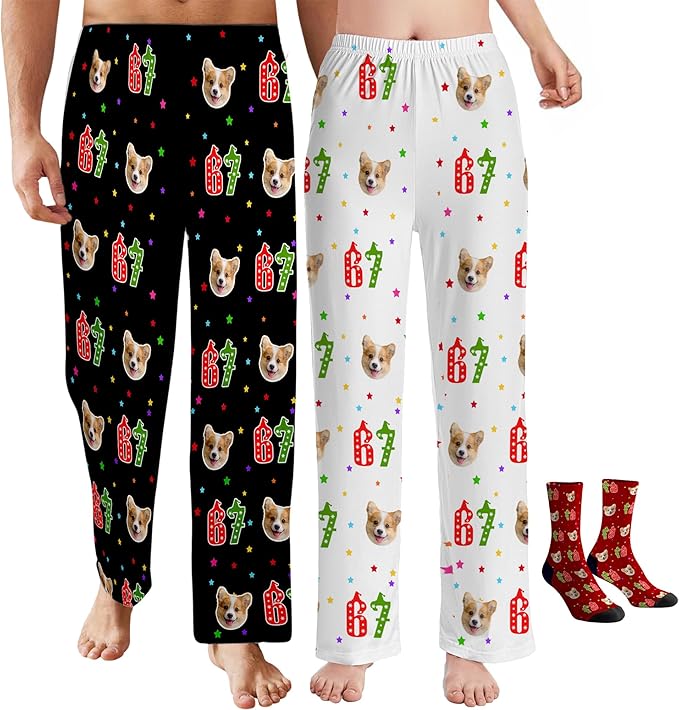 Custom Pajama Pants for Women Men, Personalized 67 Name Photo PJ Family Six Seven Matching Sleep Bottoms Birthday Xmas Gifts