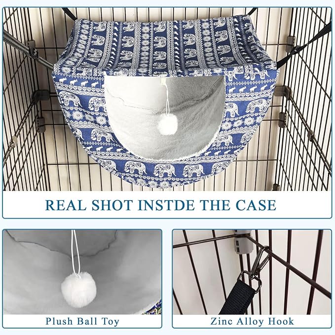 JSPYFITS Cat Cage Hammock with Ball,Double Layer Hanging Adjustable Soft Pet Bed Suit for Kitten Ferret Puppy Rabbit or Small Pet, 2 Level Indoor Bed for All Season(Blue Elephant)