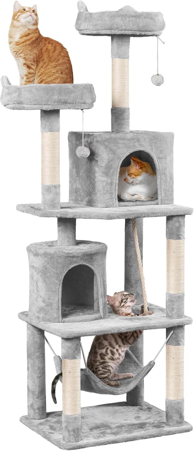 Yaheetech Cat Tree Tower, 70.5in Multi Level Cat Tree Kitten Condo with 2 Condos & 2 Plush Perches & Scratching Post & Dangling Ball, Cat Tower Furniture for Play & Rest Light Gray