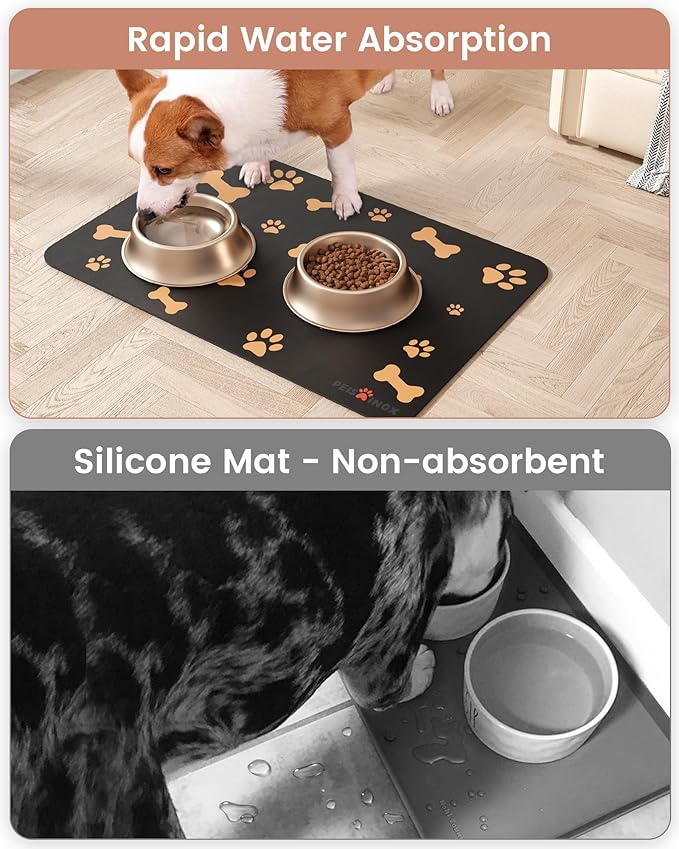 Cat Dog Food Mat, Rapid Water Absorption Dog Mat for Food and Water,100% Waterproof Cat Dog Bowl Mat,16"x24"-Black