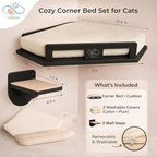 Cat Wall Shelves for Cats & Kitten – Solid Wood Cozy Corner Bed + Cushion with 2 Washable Covers + 3 Wooden Steps, Safe Haven for Indoor Cats, Cat Shelves for Wall, Black