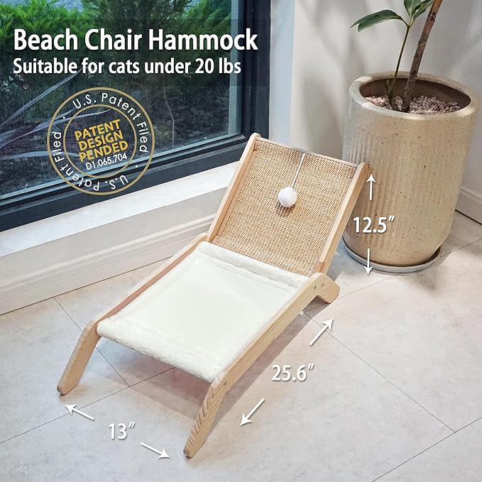 PETKARAY Beach Chair Cat Hammock, Elevated Cat Beds for Indoor Cats, Original Cozy Lounger with Sisal Scratcher and Toy Ball