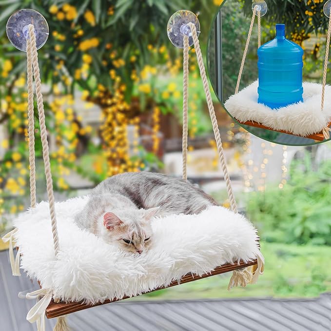 Cat Hammock with Industrial-Grade Suction Cups - Solid Pine Wood Seat, Soft Cushion - 42 lb Capacity