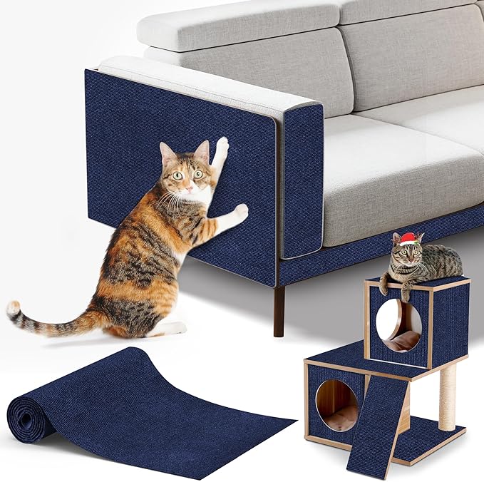 cat Scratching mat Self-Adhesive, Trimmable Furniture Protector for Couch, Sofa, Wall & Cat Trees - Durable Scratch Pad with Nano Tape, DIY Climbing Carpet for Indoor Cats(Dark Blue, 39.3"x15.8")