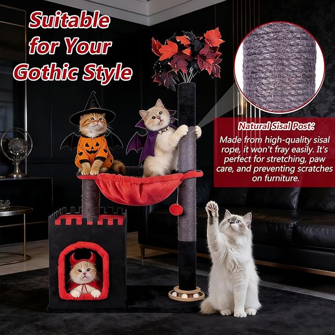 Cat Tree 38" Tower with Large Hammock, Scratching Post for Indoor Cats with Condo, Cat Furniture Track Balls and Bouncy Ball, Red Black