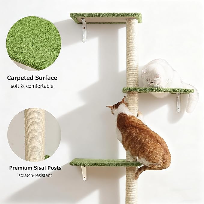 Tall Cat Scratching Posts,4 Tier Corner Cats Tree, Wall Mounted Kitten Tower,Carpeted Climbing Wall for Indoor Kitty Perching,Playing and Lookout(Green)