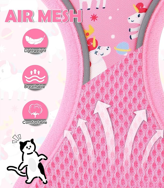 Halypet Cat Harness and Leash Set[MAX Safety 4th-Gen] Cute Escape Proof Vest Harness for Girl&Boy Cat Walking, Comfortable Adjustable Leash and Reflective Strips for Outdoor Kitten, S Pink Unicorn