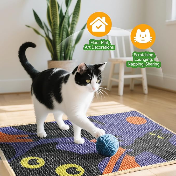 3-in-1 Sisal Cat Scratcher Mat 23.6x15.7'' Protects Carpet Couch & Furniture with Sticker Tape, Floor & Wall Cat Scratching Pad, Anti-Slip, Durable for Indoor Outdoor Cats (Royal Purple)