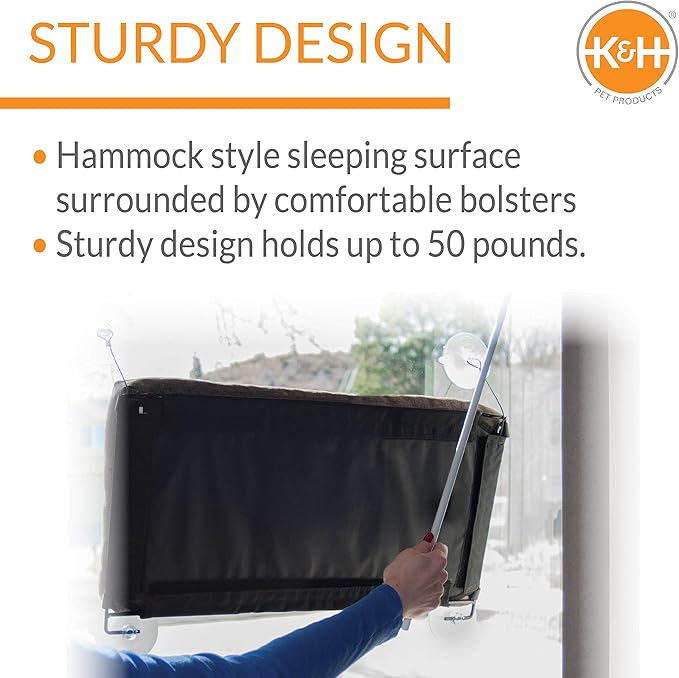 K&H Pet Products EZ Mount Bolster Cat Window Perch for Large Cats, Sturdy Kitty Window Hammock Bed, Steel Frame, Sturdy Suction Cups, Washable Shelf Covers, Foldable - Fits 27"W X 23"H Glass Spaces