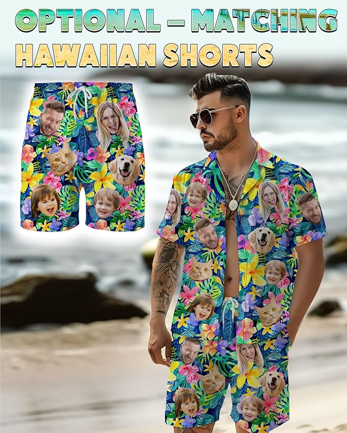 Custom Hawaiian Shirt with Face Photo Picture for Men Women Kids Youth Adult, Tropical Personalized Hawaiian Shirts Gift