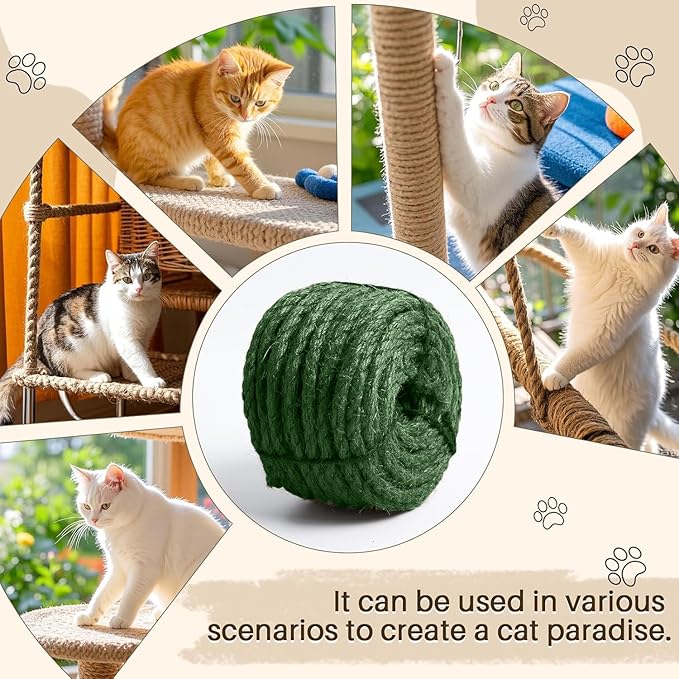 Sisal Rope for Cat Scratcher 1/4" 166 Ft Cat Tree Rope Twine for Repairing Cat Scratching Post Replacement DIY Hemp Rope for Carpet Mat, Pet Toy, and Crafts Gardening Home Decorating (Green)