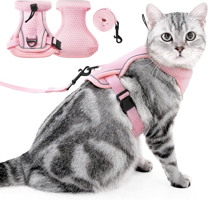 Cat Harness and Leash Set - Escape Proof, Adjustable Breathable Vest Harnesses with Reflective Strips, Easy Control & Secure Walking for Small Medium Large Cats Kitten Collar (Pink, Large)