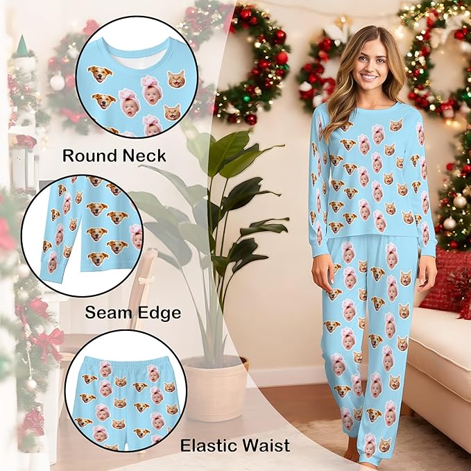 Artsadd Personalized Pajamas with Faces for Women Men Custom Christmas Pajamas Gifts for Family Couple, Funny Photo Pjs