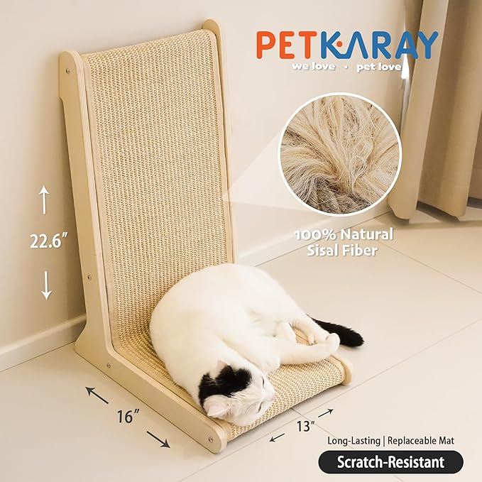 PETKARAY 105° Sisal Cat Scratcher, Sisal Scratch Pad for Indoor Cats, L Shape Kitten Scratching Board, Sturdy Floor Mounted Scratcher with Catnip