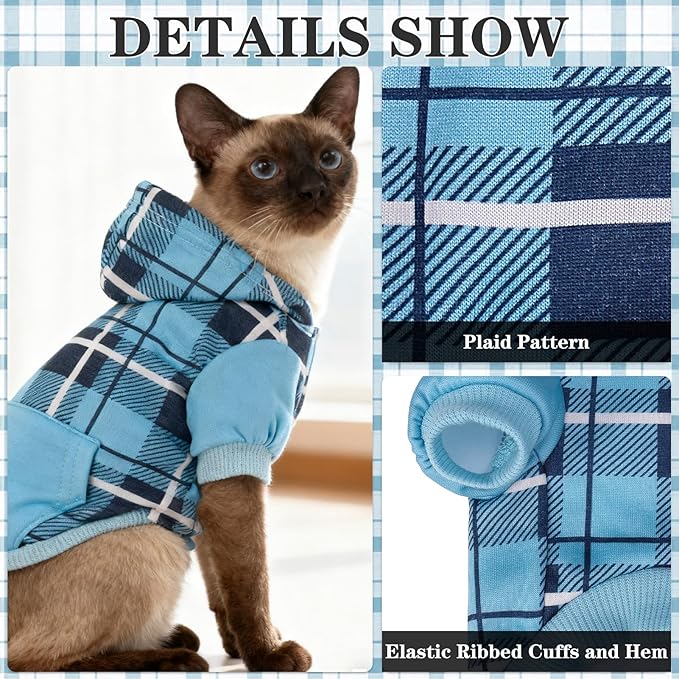 EXPAWLORER Plaid Cat Hoodie - British Style Warm Cat Sweater Shirt with Leash Hole,Pet Clothes Outfits,Winter Coat Apparel for Puppy Cats Girl Boy-Kitten Apparel,Blue M