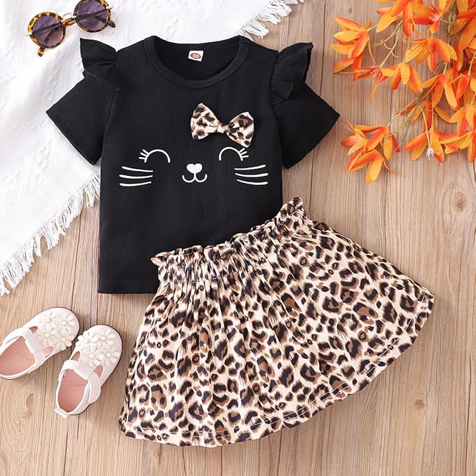 Akyzic Little Girl Skirt Outfit Two Piece Spring Summer Outfit Butterfly Dress Cat Print Skirt Toddler Girl Outfit Set