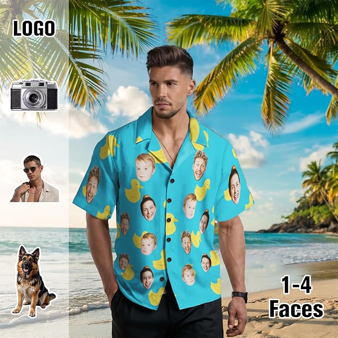 Custom Hawaiian Shirt with Face for Men, Unisex Tropical Beach Shirts Personalized Casual Funny Hawaii Button Down Shirts