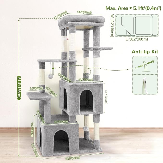 Globlazer Cat Tower for Indoor Cats, Heavy Duty Cat Trees for Large Cats Adult Big Cats Maine Coon Cat Tree Tower with Scratching Post, Extra Large Top Perch, Cat Condos, F61, Light Grey, 61inch