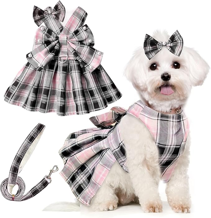 PETCARE Cute Dog Dress Clothes for Small Dogs Cats Girl Female Pink Plaid Bow Tie Dog Harness Dresses Leash Set with Pearls Bow Accessories Birthday Puppy Dress Shih Tzu Yorkies Chihuahua Outfits
