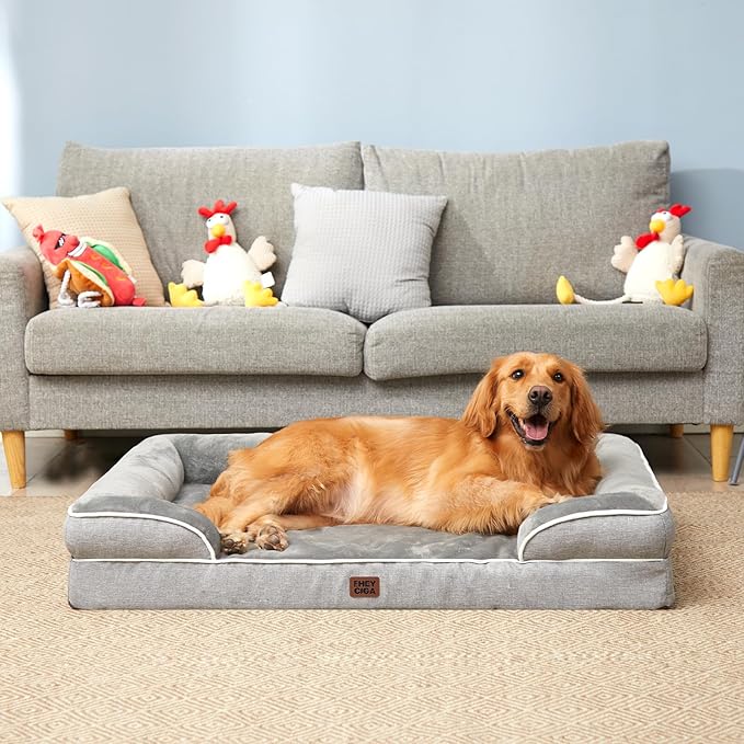 EHEYCIGA Orthopedic Dog Beds Large Sized Dog, Waterproof Memory Foam Pet Bed with Sides, Non-Slip Bottom Large Pet Bed with Washable Removable Cover, Grey