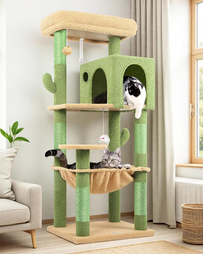 Globlazer Cactus Cat Tree Tower with Scratching Post for Indoor Cats, 53inch Tall Plush Multi-Level Cat Climbing Tower Condo with Large Hammock, Spacious Cat Cave, Padded Top Perch Bed, F53, Green