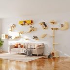 Cat Wall Shelves, Wall Mounted Pet Shelf Furniture w/Plush Fabric(20 Piece Set), 63''H Cat Tower w/Scratching Posts, Cats Furniture with 40''L Tunnel, Condos, House, Steps and Ladder, Beige