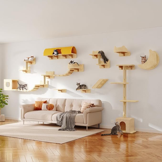 Cat Wall Shelves, Wall Mounted Pet Shelf Furniture w/Plush Fabric(20 Piece Set), 63''H Cat Tower w/Scratching Posts, Cats Furniture with 40''L Tunnel, Condos, House, Steps and Ladder, Beige
