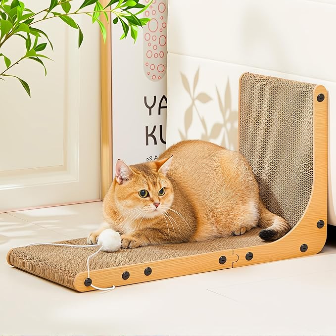 Value 2-Pack 23.6 Inch L-Shaped Cardboard Cat Scratcher, Dual Use (Vert/Horiz) Scratch Pad with Toy Balls, Wall-Mountable Furniture Protector Cat Scratchers for Indoor Cats, Couch & Wall