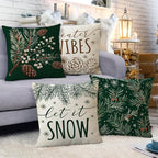 Fahrendom Winter Vibes Green Decorative Throw Pillow Covers 18 x 18 Set of 4, Let It Snow Pine Cones Needle Berry Porch Patio Outdoor Pillowcase, Christmas Seasonal Sofa Couch Cushion Case Home Decor