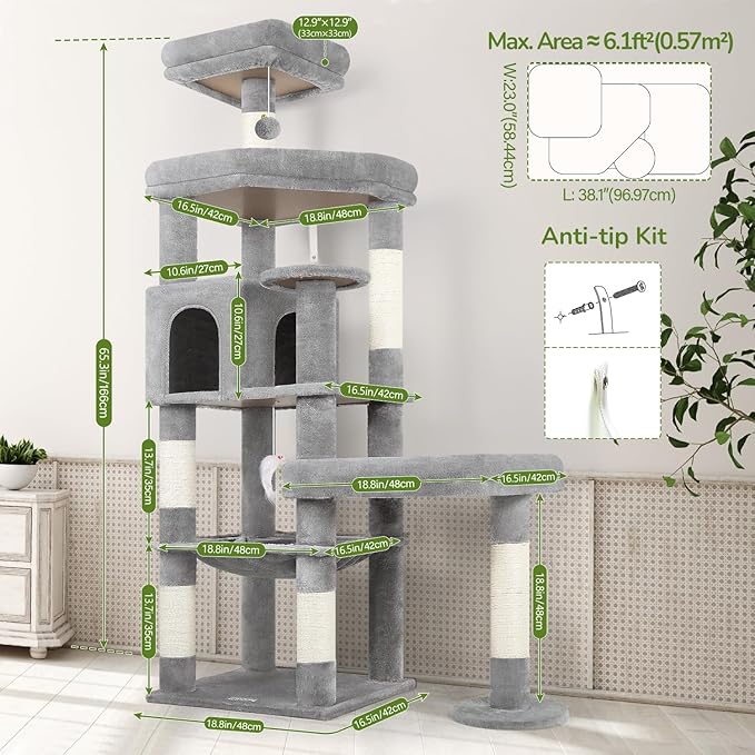 Globlazer Extra Large Platform Cat Tree, 65in Sturdy Cat Tree for Indoor Cats Large Adult, Big Cat Tower for Big Cats with 3 Enlarged Perches, 6 Scratching Posts, Cat Condo, Hammock, S65, Light Grey