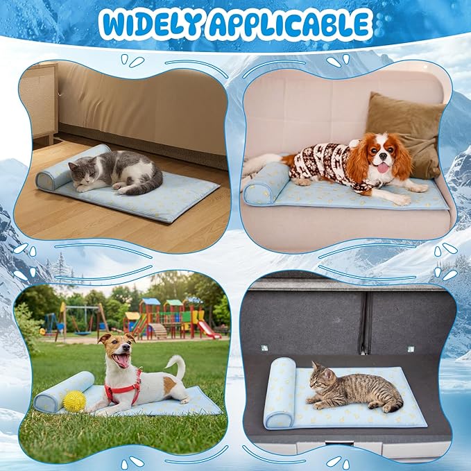 4 Pack Cooling Dog Mats with Supportive Pillow 23.6" x 31.5" Self Cooling Dog Pads Ice Silk Washable Pet Cool Mat Summer Cat Sleeping Pad with Storage Bag for Crate Bed Floor (Large, Blue)