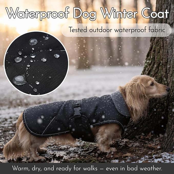 Waterproof & Windproof Dachshund Coat with Adjustable Bands, Thick Weiner Vest Raincoat for Large Sausage Dog, Weenie Winter Puffer Coat, Outdoor Snowsuit for Dachshunds, Male Female Dog(Black, L)