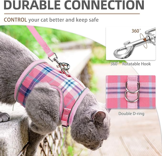 PUPTECK Soft Mesh Cat Vest Harness and Leash Set Puppy Padded Pet Harnesses Escape Proof for Cats Small Dogs Rabbits Bunny, Plaid Pink, XL
