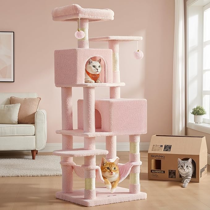 Feandrea Cat Tree, 59.5-Inch Tall Cat Tower, Plush Multi-Level Condo with 5 Scratching Posts, 2 Perches, 2 Caves, Hammock, 2 Pompoms, Jelly Pink UPCT192P01