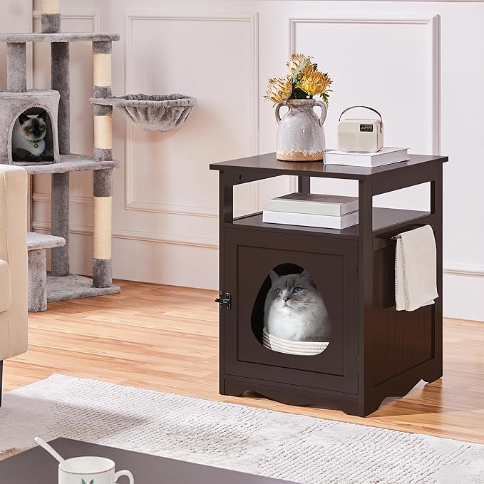 Yaheetech Cat Litter Box Enclosure, Hidden Litter Box Furniture with Open Shelf, Indoor Cat Washroom, Storage Cabinet Pet Crate, Side End Table, Wooden Pet House Espresso