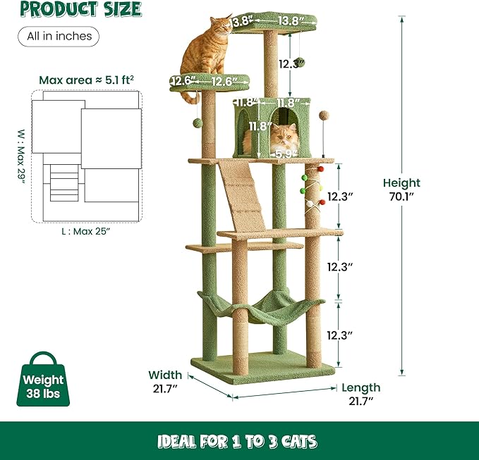 MWPO 70.1-Inch Green Large Cat Tree, Multi-Level Tall Cat Tower for Indoor Cats, Plush Cat Condo with Big Padded Perches, Sisal-Covered Scratching Posts, Hammock, Toys for Kittens & Cats