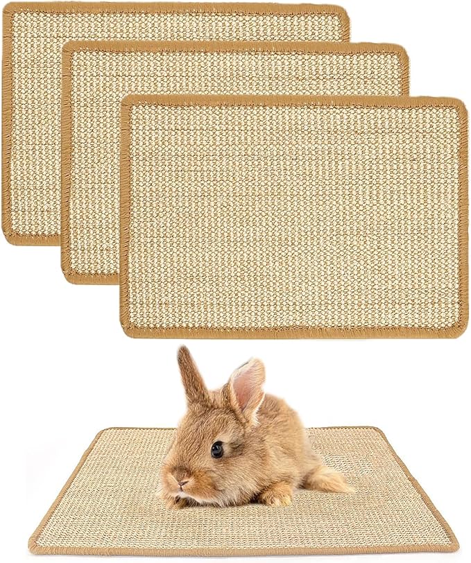 PODOO Bunny Scratch Pads, Sisal Rabbit Scratching Pad, Natural Rabbit Resting Mats for Cages, Forage Grass Mat Indoor Essentials Accessories for Guinea Pig Cat (3Pcs, 15.7x11.8 inches)