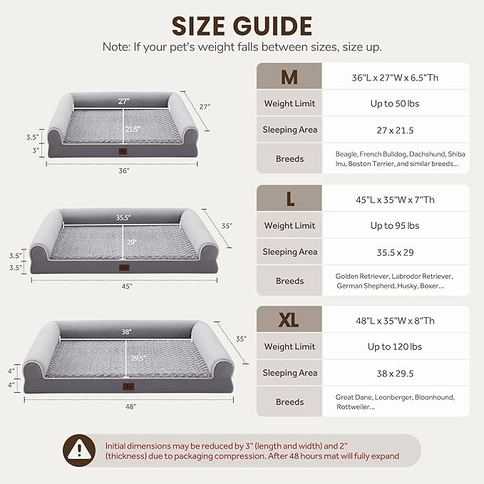 Large Dog Beds Large Sized Dogs 48x35x8 Inch, Orthopedic XXL XL Dog Bed for Medium Size Dogs, Big Waterproof Couch Sofa with Removable Washable Cover for Pet, Light Grey