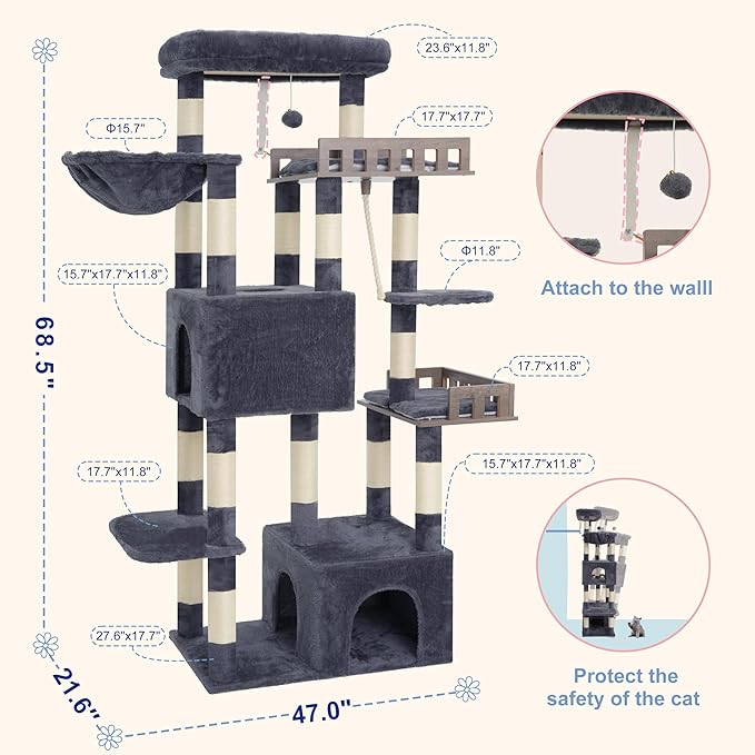 Maine Coon Cat Tree, Heavy Duty Cat Tree for Indoor Cats Large Adult, Cat Tower for Large Cats 20 lbs+ with Hammock, 2 Big Perches, 2 Cat Condos, 15 Scratching Posts, Smoky Gray GCT033G