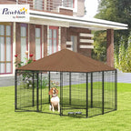 PawHut Outside Dog Kennel, 6.9' x 4.6' x 5' Puppy Play Pen with Canopy, Garden Playpen Fence Crate Enclosure Cage Rotating Bowl, for Dogs, Chickens, Ducks, Black